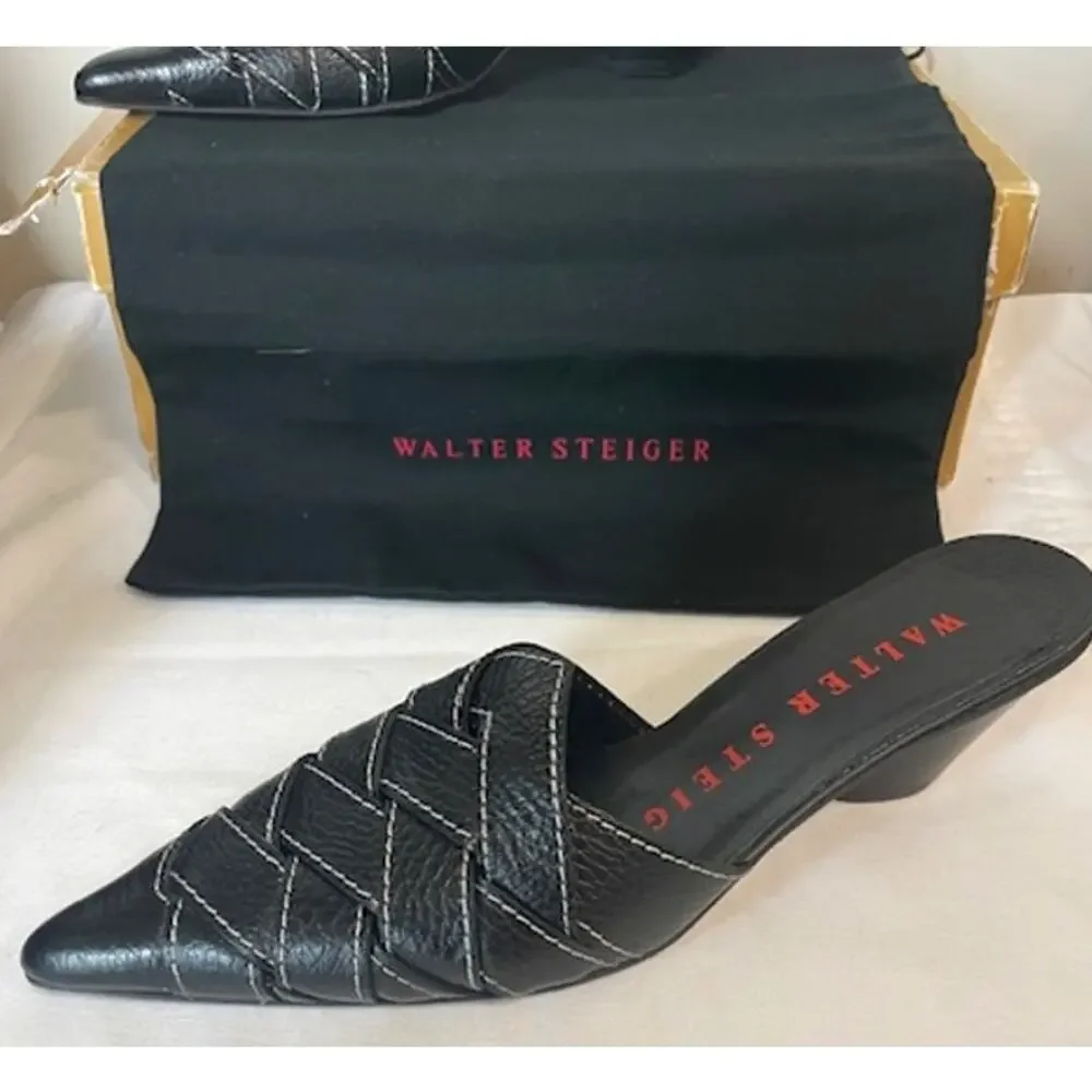 Walter Steiger Black Leather Pointed-Toe Woven Mules